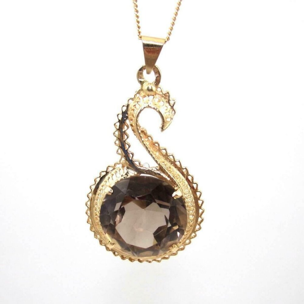 14K Yellow Gold Smoky Quartz Pendant Chain Link Necklace 18"